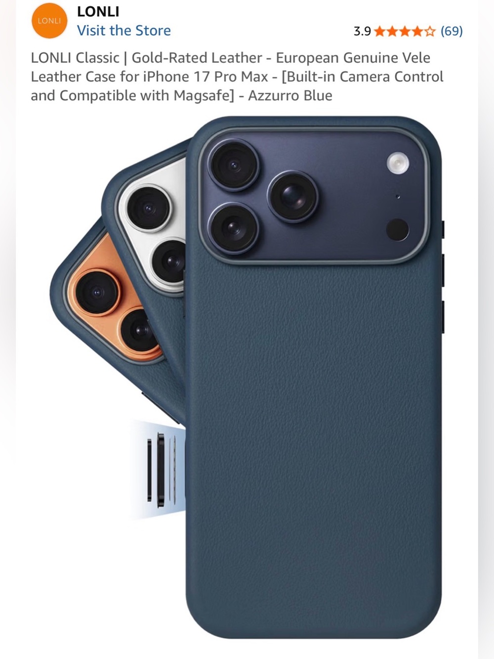 LONLI iPhone 17 Pro Max Case - Genuine Blue Leather — Compatible with MagSafe